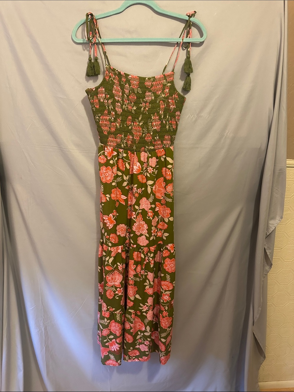 Patrons of Peace Olive Green & Coral Pink Floral Maxi Dress